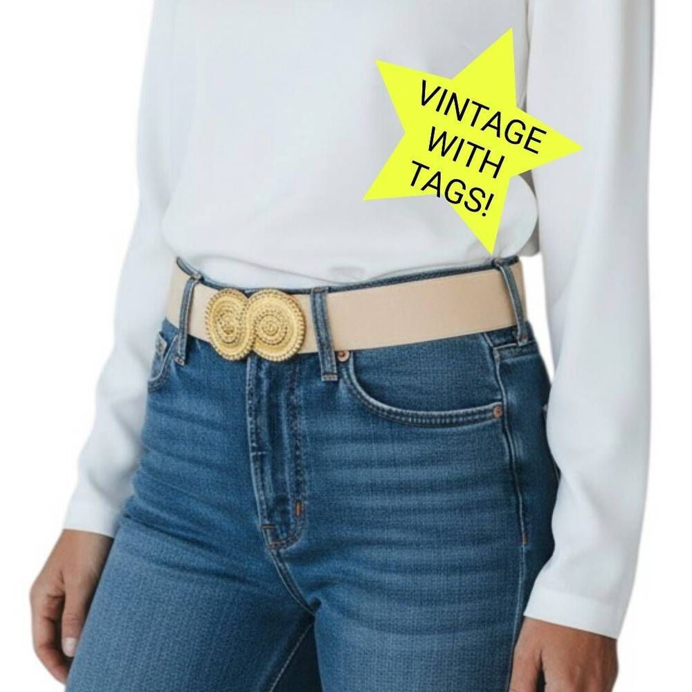 Vintage Goldtone Enamel Buckle Elastic Off White Belt With Original Tags!